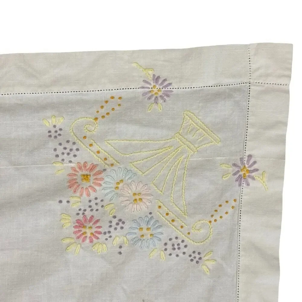 Vintage Embroidered Table Cloth Dining White Floral Pastel Farmhouse 80